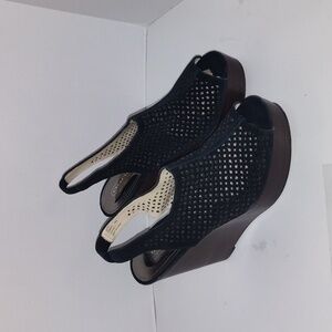 Coach Black suede open toe laser designed 8 1/2 wedge chasity